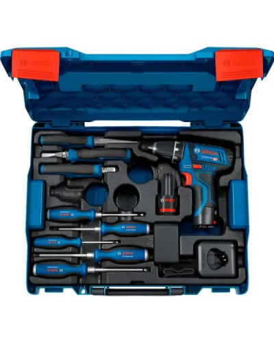 Акумуляторний шурупокрут із набором ручного інструменту Bosch Professional GSR 12V-15 у кейсі (АКБ + ЗП) (060186810R)
